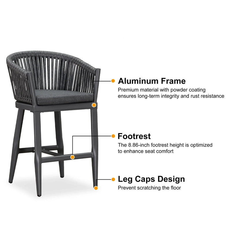 PURPLE LEAF Counter Stools, Bar Stools Set of 2 Rattan Bar Stools Wicker Bar Chairs Woven Aluminum Barstools with Back and Cushions