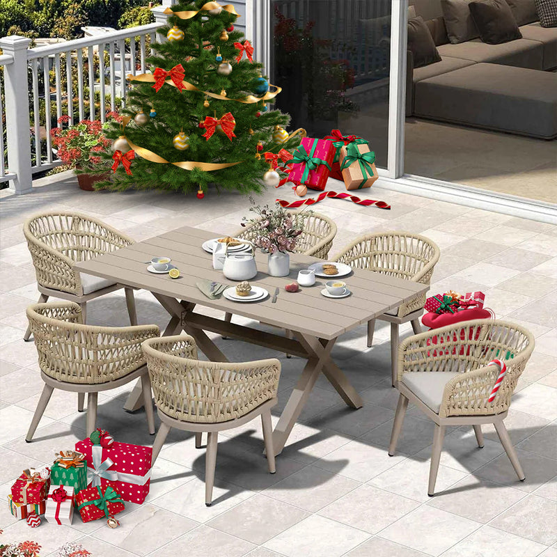 PURPLE LEAF Modern Outdoor Dining Table with 6/8/10 Seats, All-Weather Aluminum Table and Rattan Chairs with Cushions, Champagne