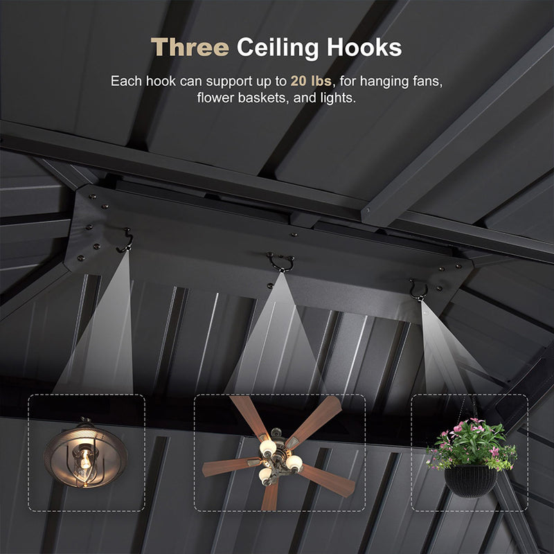 PURPLE LEAF Metal Gazebo Double Roof Wood Grain Aluminum Frame with Curtains and Netting