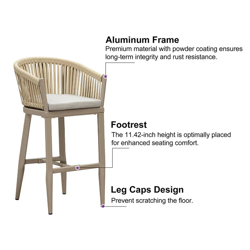 PURPLE LEAF Counter Stools, Bar Stools Set of 2 Rattan Bar Stools Wicker Bar Chairs Woven Aluminum Barstools with Back and Cushions
