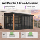 PURPLE LEAF Wall Mounted Sunroom Galvanized Steel Sloped Roof Lean-to Enclosed Aluminum Grey Frame Wood Grain Columns for Outdoor Home Extension