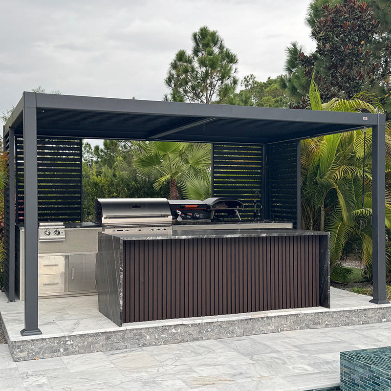 PURPLE LEAF Athena Louvered Pergola Grey Outdoor Aluminum Pergola with Shutter Wall Adjustable Gazebo Rainproof for Patio Deck Garden