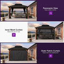 PURPLE LEAF Metal Gazebo Double Roof Wood Grain Aluminum Frame with Curtains and Netting