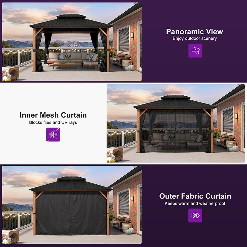 PURPLE LEAF Metal Gazebo Double Roof Wood Grain Aluminum Frame with Curtains and Netting