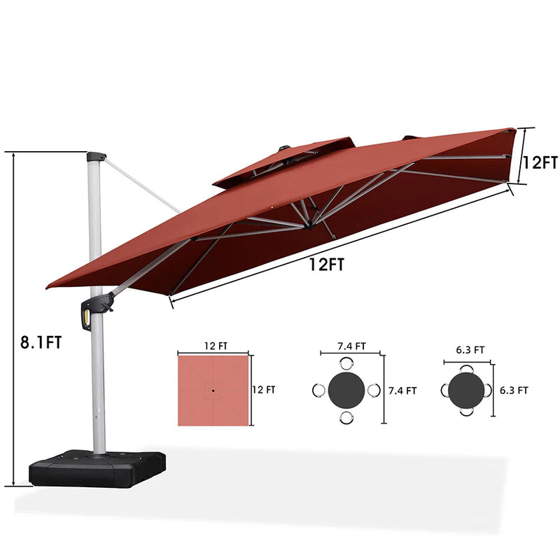 PURPLE LEAF Large Square Patio Cantilever Umbrella With Base for Garden Pool Porch