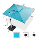 Turquoise 10x13ft Purple Leaf cantilever umbrella with base shown with dimensions and size diagrams.