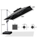PURPLE LEAF 9x9ft gray cantilever umbrella: dimensions (8.1ft H, 9x9ft canopy/base), seating zones.
