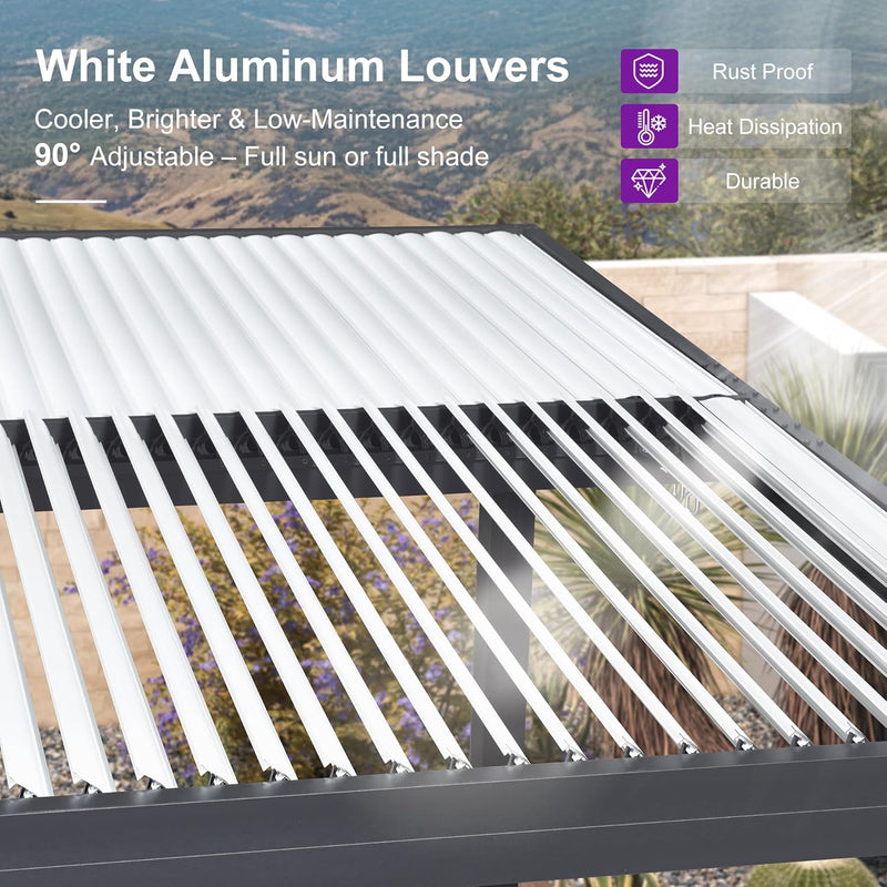 PURPLE LEAF Louvered Pergola Grey Outdoor Aluminum Pergola with Roller Blinds Adjustable Gazebo Rainproof for Patio Deck Garden
