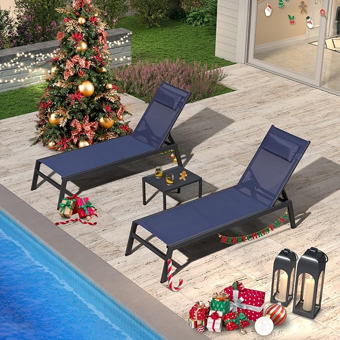 PURPLE LEAF Lounge Chair Set for Outside Aluminum Patio Recliner with Side Table and Pillow Beach Sunbathing Tanning Chairs Pool Chaise Lounger Outdoor