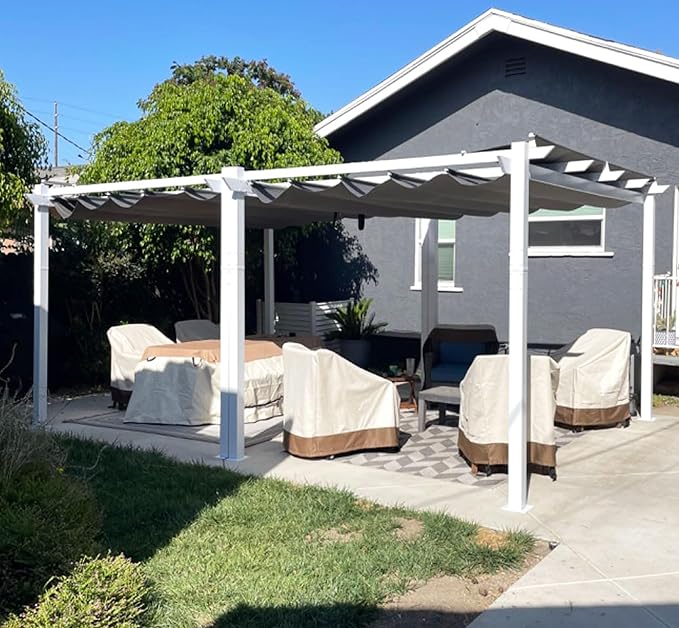 PURPLE LEAF Outdoor Retractable Pergola with Double Sun Shade Canopy White Heavy-Duty Aluminum Pergola Patio Modern Pergola for Garden Deck Backyard