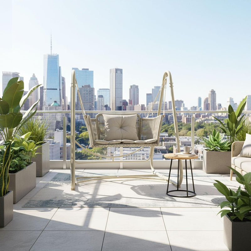 PURPLE LEAF Double Cloud Hanging Chair - Outdoor Patio Rattan Swing Chair with Cushion and Backrest.