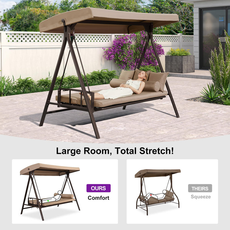 PURPLE LEAF Outdoor Patio Porch Swing Adjustable Backrest, 3-seat Swing Chair with Weather Resistant Steel Frame for Backyard ,Pillows Included