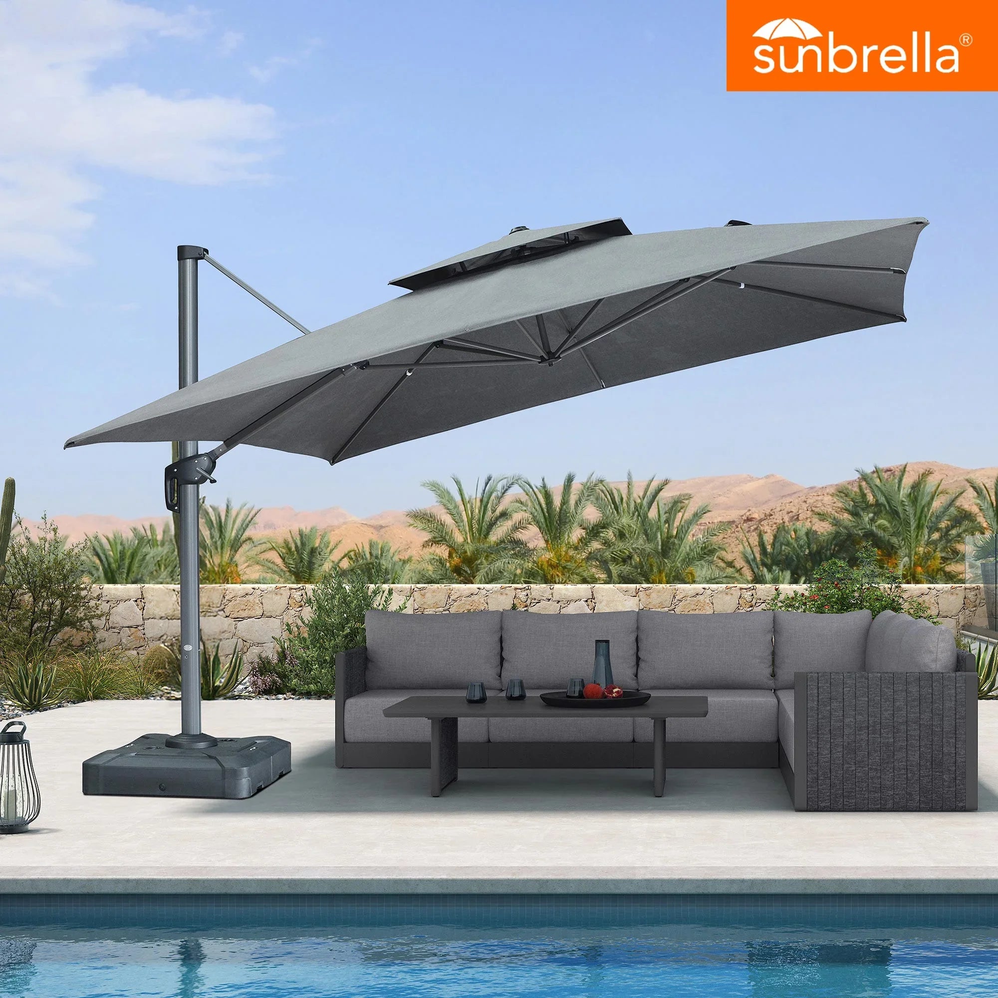 gray sunbrella patio umbrella Sunbrella Cantilever Umbrella 360° Tilt