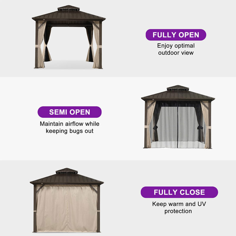 PURPLE LEAF  Outdoor Hardtop Gazebo Bronze Metal Frame Galvanized Steel Double Roof with Lights-milky