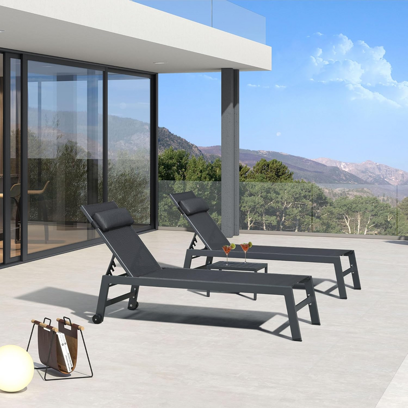 PURPLE LEAF Outdoor Lounge Chair Set of 3 Patio Chaise Pool Lounger Aluminum Frame with Side Table and Wheels for Outside Sunbathing Tanning Recliner Including Pillows