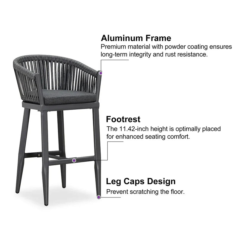 PURPLE LEAF Counter Stools, Bar Stools Set of 2 Rattan Bar Stools Wicker Bar Chairs Woven Aluminum Barstools with Back and Cushions