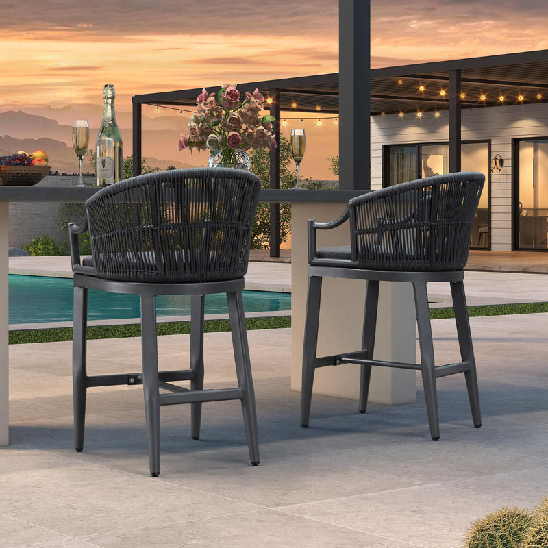 PURPLE LEAF Patio Bar Stools Set of 2 Outdoor Wicker Modern High Bar Chairs Metal Cushioned Barstools with Backs and Ergonomic Armrest for Balcony Garden Indoor Kitchen Island