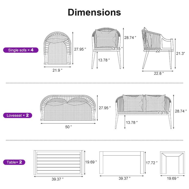 PURPLE LEAF Buler 4/8 Pieces Modern Patio Conversation Set with Rattan Chairs and Coffee Table Sofa for Poolside