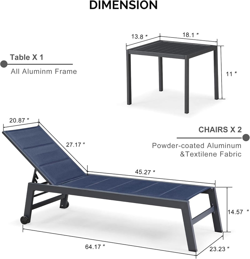 PURPLE LEAF Outdoor Aluminum Chaise Lounge Set of 3 with Wheels and Side Table for Outdoor Backyard Poolside
