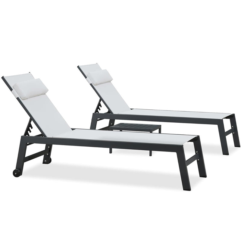 PURPLE LEAF Outdoor Lounge Chair Set of 3 Patio Chaise Pool Lounger Aluminum Frame with Side Table and Wheels for Outside Sunbathing Tanning Recliner Including Pillows