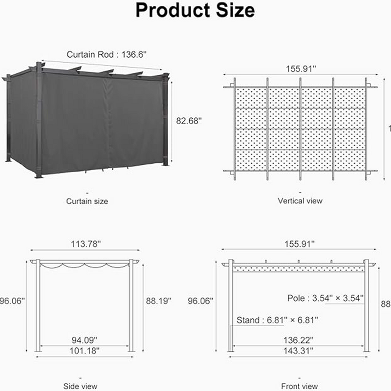 PURPLE LEAF Outdoor Pergola with Retractable Canopy Aluminum Shelter for Beach Porch Garden  Shade Pavilion Pergola  with Curtains