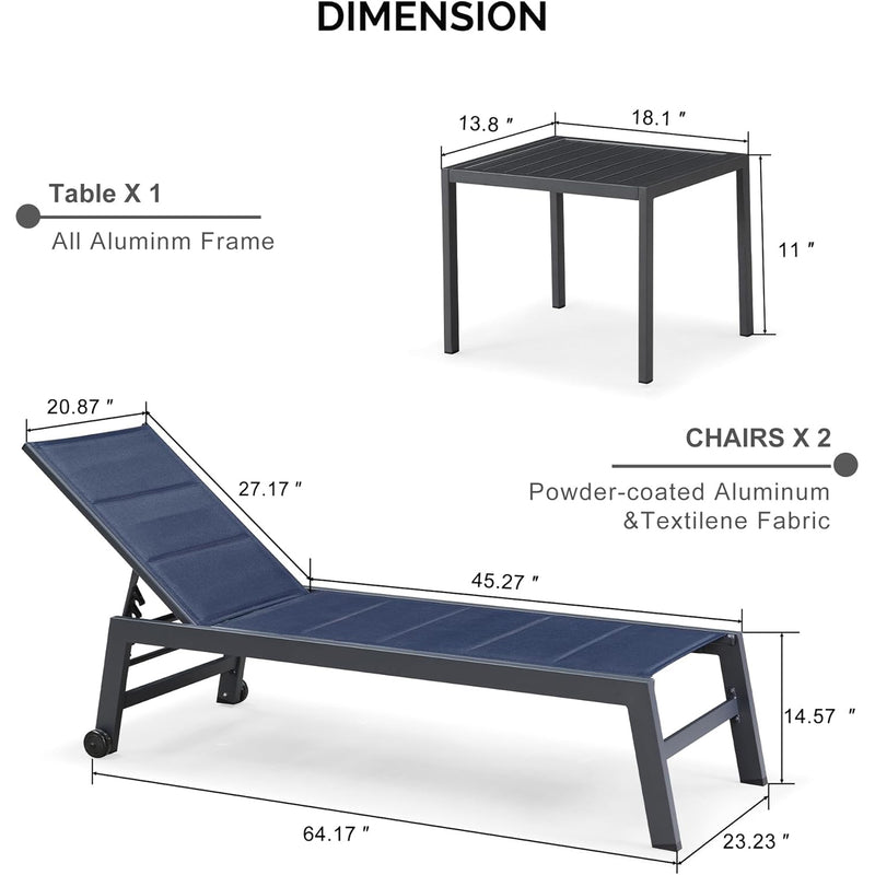 PURPLE LEAF Outdoor Aluminum Chaise Lounge Set of 3 with Wheels and Side Table for Outdoor Backyard Poolside