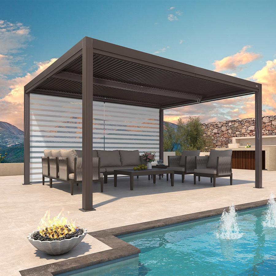 Athena Louvered Pergola Bronze Outdoor Aluminum Pergola Roller Blind Adjustable Gazebo Patio Deck Garden