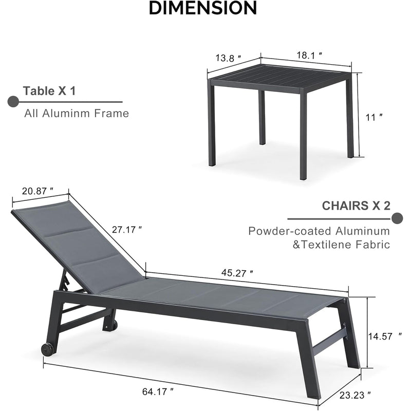 PURPLE LEAF Outdoor Aluminum Chaise Lounge Set of 3 with Wheels and Side Table for Outdoor Backyard Poolside
