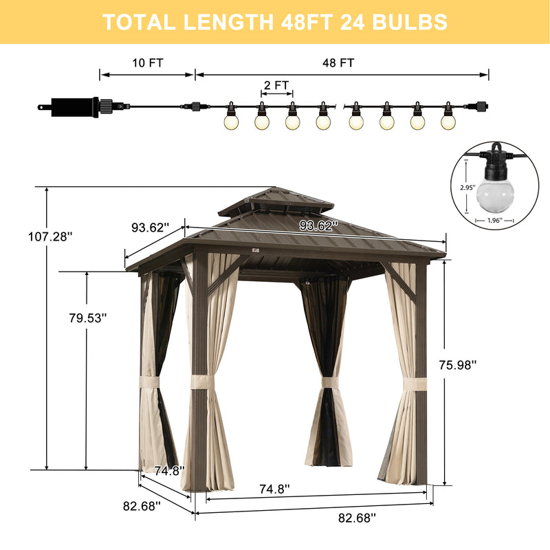 PURPLE LEAF  Outdoor Hardtop Gazebo Bronze Metal Frame Galvanized Steel Double Roof with Lights-clear