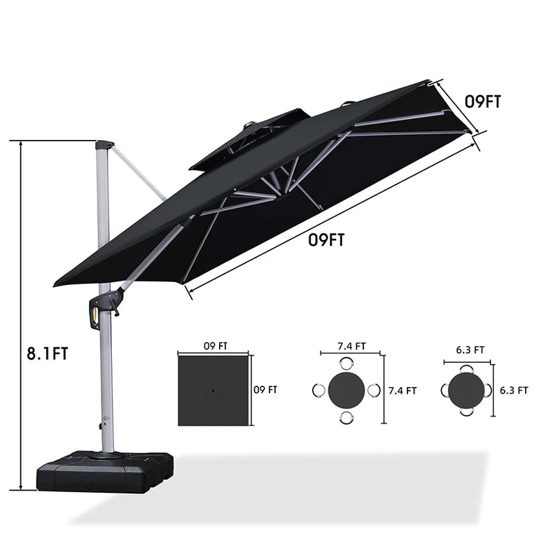 PURPLE LEAF Large Square Patio Cantilever Umbrella With Base for Garden Pool Porch