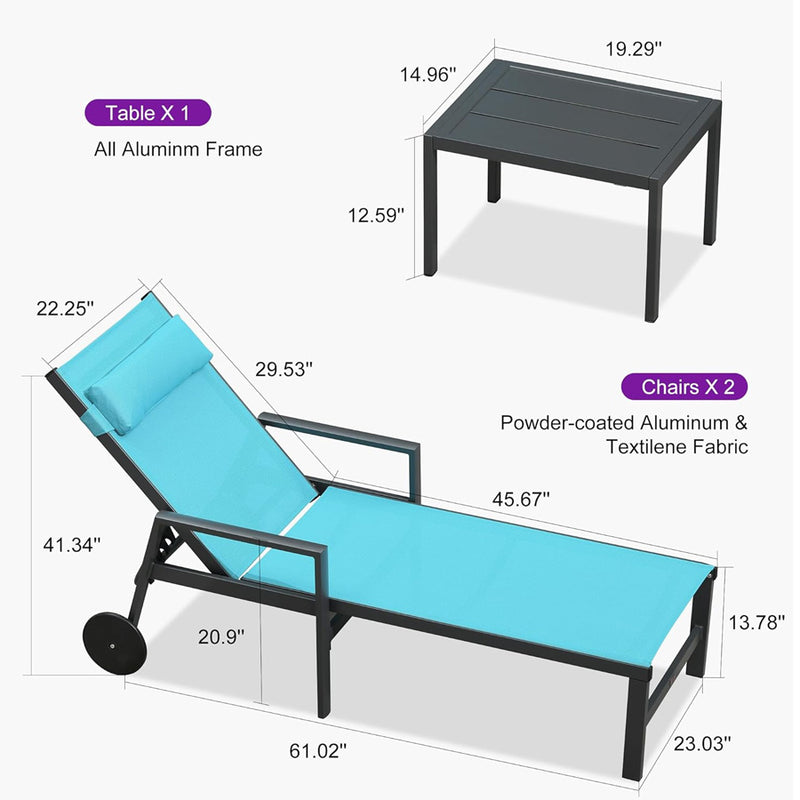 PURPLE LEAF Outdoor Lounge Chair Set of 3 Patio Chaise Pool Lounger Aluminum Frame with Side Table and Wheels for Outside Sunbathing Tanning Recliner Including Pillows