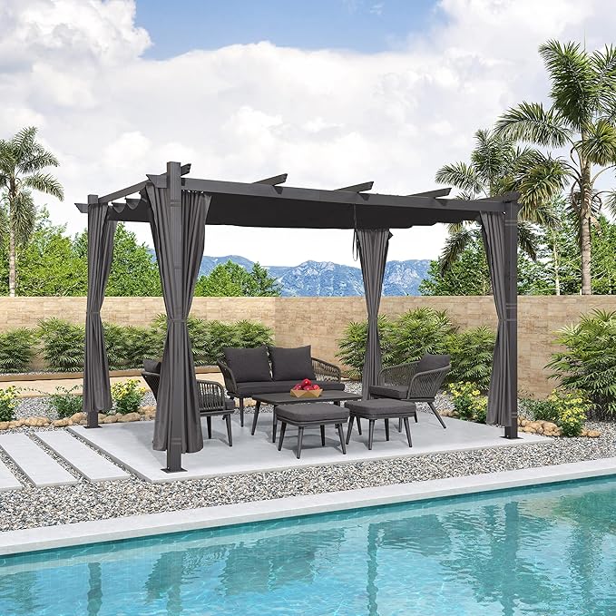 PURPLE LEAF Outdoor Pergola with Retractable Canopy Aluminum Shelter for Beach Porch Garden  Shade Pavilion Pergola  with Curtains