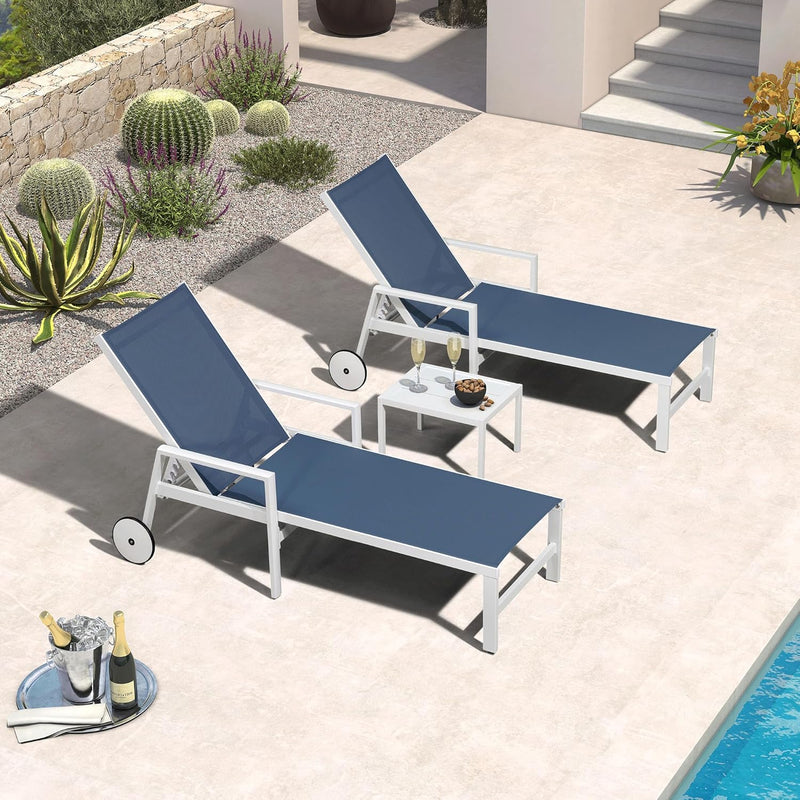 PURPLE LEAF Outdoor Chaise Lounge Chairs Set of 2 White Aluminum Lounge Chair Five-Position Adjustable Chaise with Wheels and Table for Pool Deck Patio