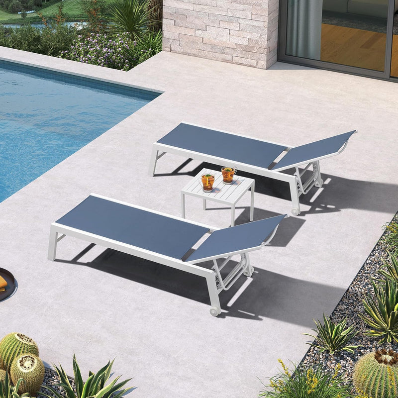 PURPLE LEAF Outdoor Chaise Lounge Chairs Set of 2 White Aluminum Lounge Chair Five-Position Adjustable Chaise with Wheels and Table for Pool Deck Patio