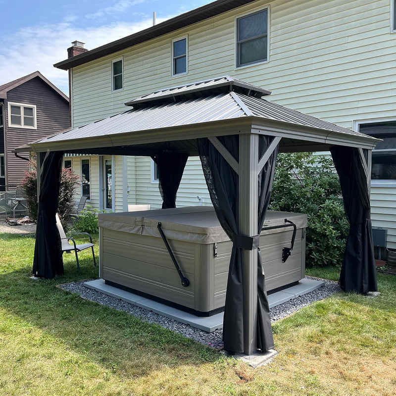 PURPLE LEAF Patio Gazebo for Pool Light Grey Hardtop Galvanized Steel Roof with String Lights