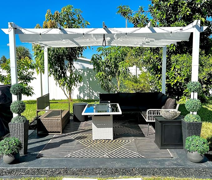 PURPLE LEAF Outdoor Retractable Pergola with Double Sun Shade Canopy White Heavy-Duty Aluminum Pergola Patio Modern Pergola for Garden Deck Backyard