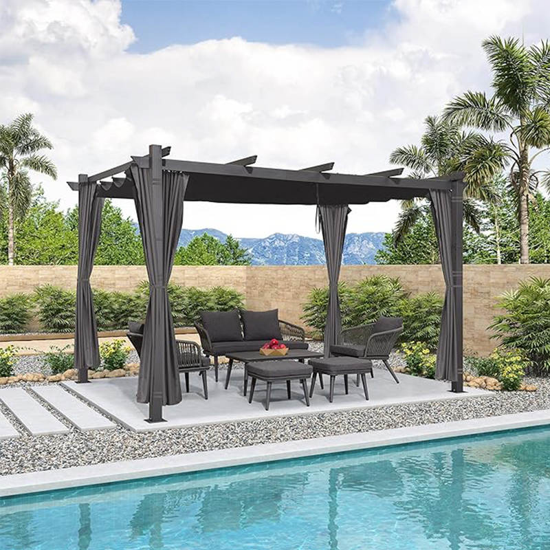 PURPLE LEAF Outdoor Pergola with Retractable Canopy Aluminum Shelter for Beach Porch Garden  Shade Pavilion Pergola  with Curtains