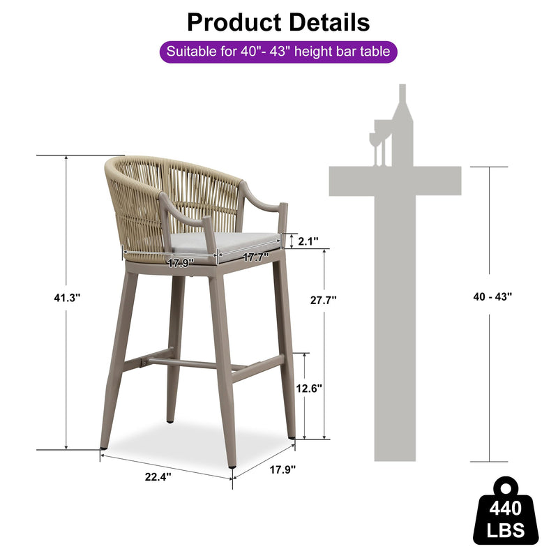 PURPLE LEAF Patio Bar Stools Set of 2 Outdoor Wicker Modern High Bar Chairs Metal Cushioned Barstools with Backs and Ergonomic Armrest for Balcony Garden Indoor Kitchen Island