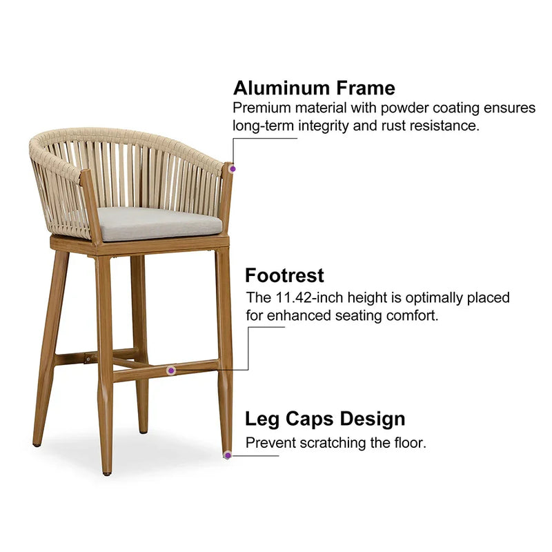 PURPLE LEAF Counter Stools, Bar Stools Set of 2 Rattan Bar Stools Wicker Bar Chairs Woven Aluminum Barstools with Back and Cushions