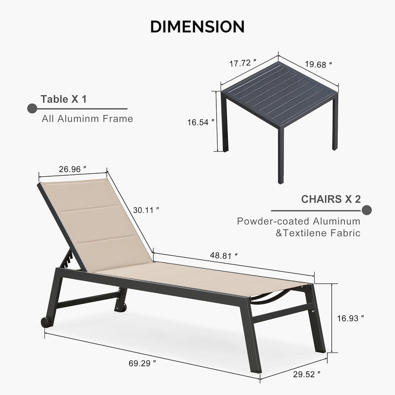 PURPLE LEAF Extra Large 2 Pieces Outdoor Aluminum Chaise Lounge Chair with Wheels