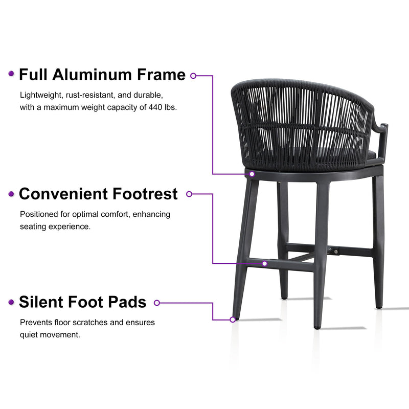 PURPLE LEAF Patio Bar Stools Set of 2 Outdoor Wicker Modern High Bar Chairs Metal Cushioned Barstools with Backs and Ergonomic Armrest for Balcony Garden Indoor Kitchen Island