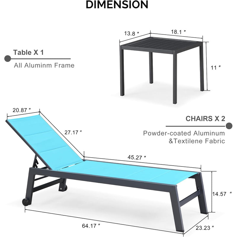 PURPLE LEAF Outdoor Aluminum Chaise Lounge Set of 3 with Wheels and Side Table for Outdoor Backyard Poolside