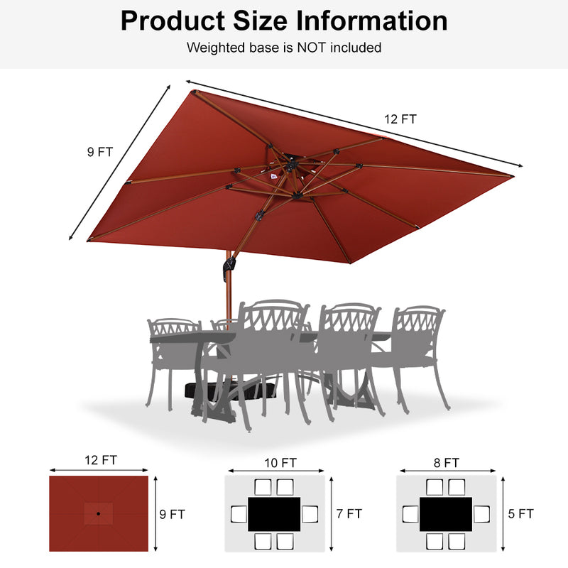 PURPLE LEAF 9 x 12 / 10 x 13 ft Rectangular Patio Umbrella Aluminum Cantilever Umbrella in Wood Color