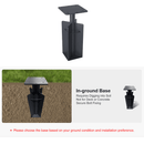 Black in-ground base for a structure with text on installation instructions.
