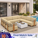 PURPLE LEAF Breck U-Shaped Modular Outdoor Sectional with Wood-Grain Aluminum Frame and Thick Teak-Colored Cushions for Family Entertaining