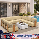 PURPLE LEAF Breck U-Shaped Modular Outdoor Sectional with Wood-Grain Aluminum Frame and Thick Teak-Colored Cushions for Family Entertaining