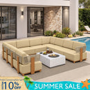 PURPLE LEAF Breck U-Shaped Modular Outdoor Sectional with Wood-Grain Aluminum Frame and Thick Teak-Colored Cushions for Family Entertaining