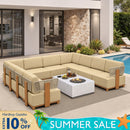PURPLE LEAF Breck U-Shaped Modular Outdoor Sectional with Wood-Grain Aluminum Frame and Thick Teak-Colored Cushions for Family Entertaining
