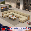 PURPLE LEAF Breck U-Shaped  with table Modular Outdoor Sectional with Wood-Grain Aluminum Frame and Thick Teak-Colored Cushions for Family Entertaining