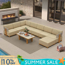 PURPLE LEAF Breck U-Shaped  with table Modular Outdoor Sectional with Wood-Grain Aluminum Frame and Thick Teak-Colored Cushions for Family Entertaining